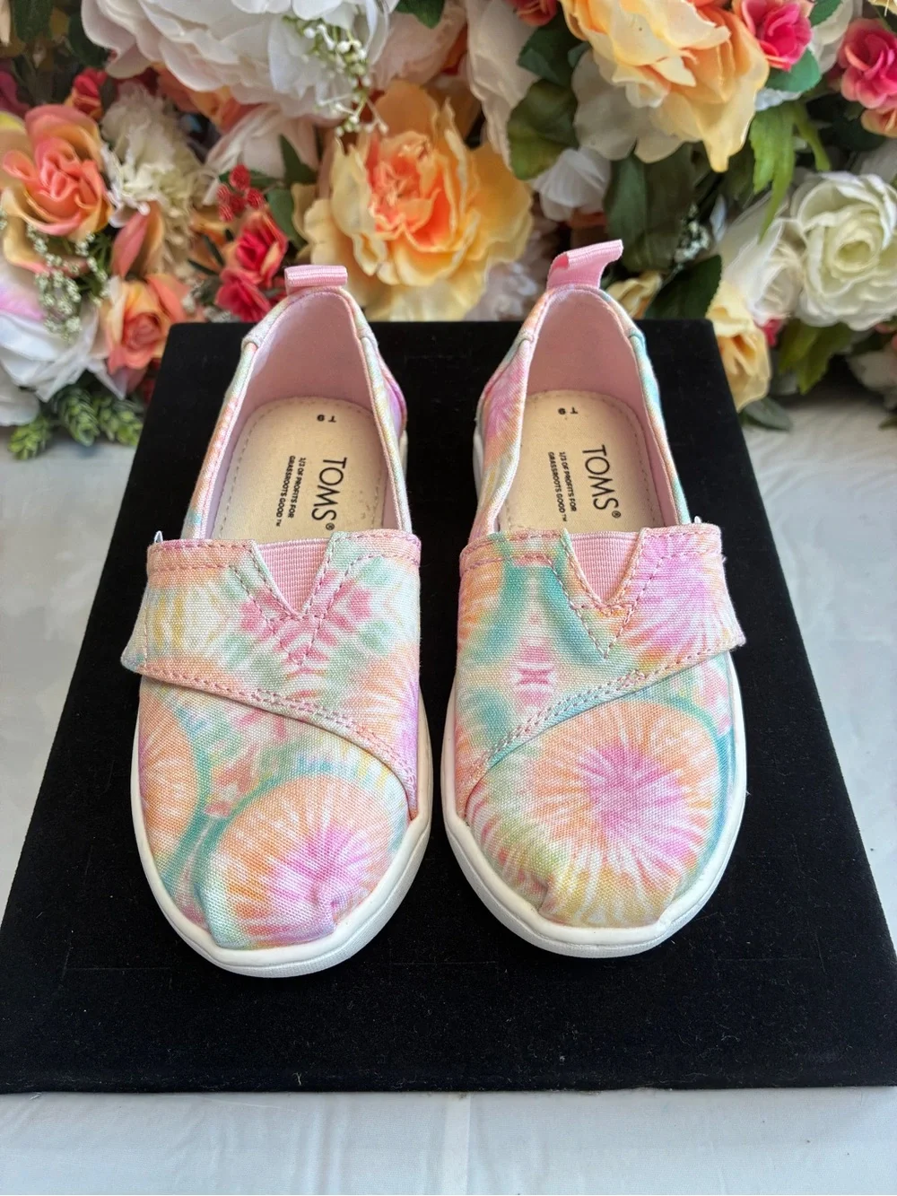 TOMS Tiny Alpargata Neon Pink Multi Tie Dye Twill Toddler Slip-On Shoes Size 9